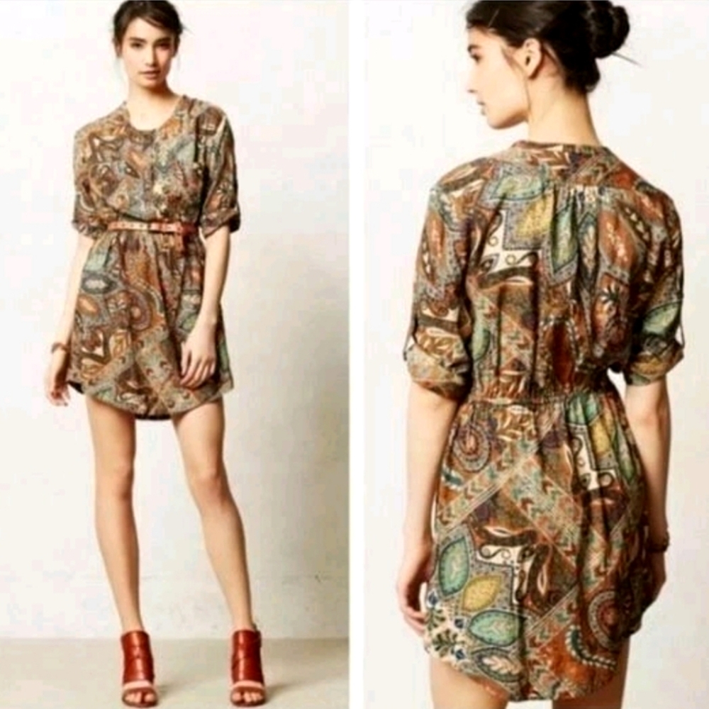 Anthropologie Holding Horses Brown Paisley Print Shirt Dress 2P